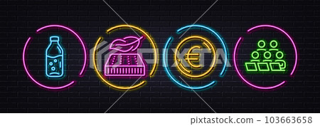 Lightweight mattress, Water bottle and Euro money minimal line icons. Neon laser 3d lights. Teamwork icons. For web, application, printing. Sleeping pad, Soda drink, Currency. Remote work. Vector Lightweight mattress, Water bottle and Euro money minimal line icons. Neon laser 3d lights. Teamwork icons. For web, application, printing. Sleeping pad, Soda drink, Currency. Remote work. Vector 103663658