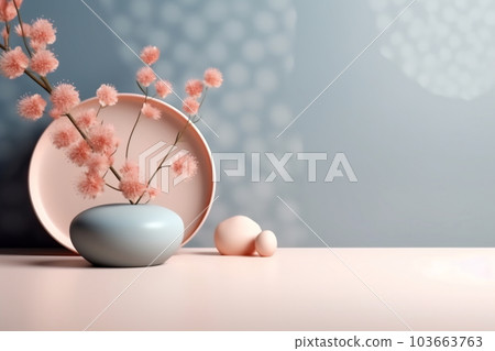 Composition of a ceramic vase with a bouquet of flowers. Stylish home decor. Modern interior design. Pastel colors 103663763