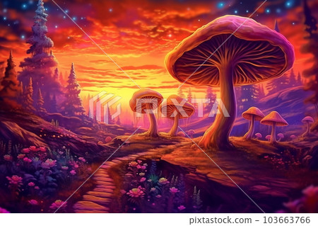 Magic mushrooms. Psychedelic hallucination. Vibrant illustration. 60s 70s hippie colorful art 103663766