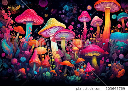 Magic mushrooms. Psychedelic hallucination. Vibrant illustration. 60s 70s hippie colorful art 103663769