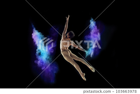 Like angel. Muscular young man, professional ballet dancer in motion, dancing with colorful powder explosion against black studio background 103663978