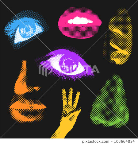 y2k halftone colorful art collage with lips, noses and eyes in abstract shapes. Pop modern poster decor with trendy elements. Vector illustration in old newspaper texture style. 103664854