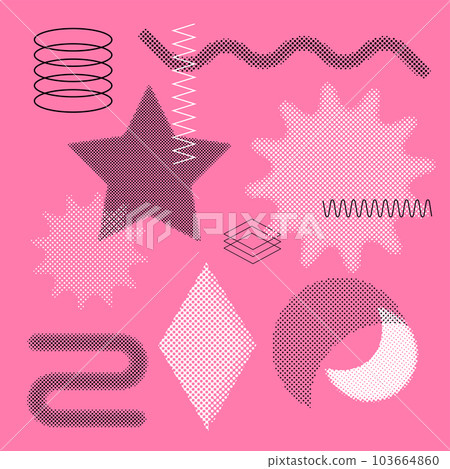 Set of halftone geometric elements. Black polka dot texture. Halftone pattern shapes. Modern y2k style Vector illustration. Set of halftone geometric elements. Black polka dot texture. Halftone pattern shapes. Modern y2k style Vector illustration. 103664860