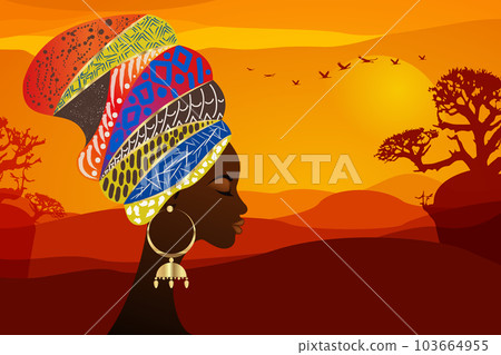 portrait beautiful African woman in traditional turban tribal motifs, Kente head wrap, African Traditional black women vector silhouette isolated on Africa safari landscape background portrait beautiful African woman in traditional turban tribal motifs, Kente head wrap, African Traditional black women vector silhouette isolated on Africa safari landscape background 103664955