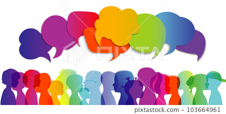 Silhouette group of modern children in rainbow colored profile. Communication between multi-ethnic children. Children talking. Multicultural kindergarten. Globalization. Speech bubble Silhouette group of modern children in rainbow colored profile. Communication between multi-ethnic children. Children talking. Multicultural kindergarten. Globalization. Speech bubble 103664961