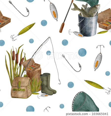 Watercolor fishing seamless pattern. Hand drawn fishing rod, landing net, bucket with fish, reed plant, rubber boots and lure isolated on white background. Summer catching fish hobby repeated design 103665041