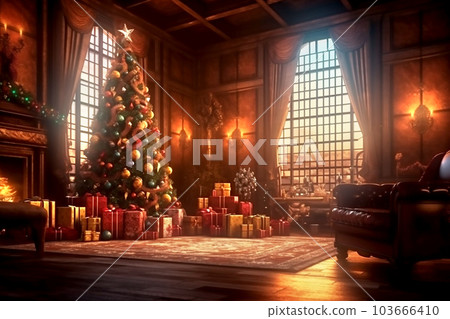 Christmas tree and gift boxes with bows in interior. Generative AI 103666410