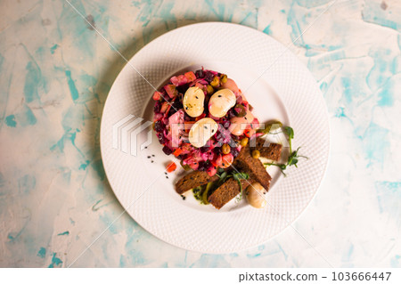 top view salad vinaigrette with black bread on a plate top view salad vinaigrette with black bread on a plate 103666447