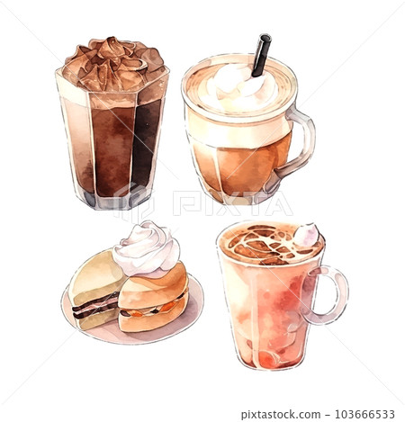 Black coffee mug watercolor in retro style on white background. Shop poster design. Sketch drawing. Sweet food. 103666533