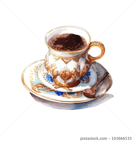 Retro sketch illustration with turkish cup tea watercolor white background. Vector art illustration. Istanbul, turkey. 103666535