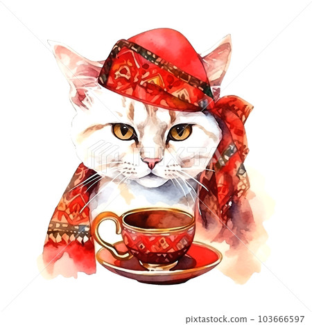 Turkish Cat with coffee cup. Muslim cat with turban. Watercolor Vector illustration for coffee houses. Isolated on white background. Can be used for menu, logo or flyer, greeting card, design t-shirt 103666597