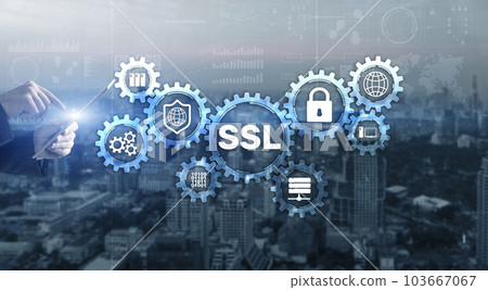 SSL Businessman pressing virtual screen Secure Sockets Layer concept. Cryptographic protocols provide secured communications SSL Businessman pressing virtual screen Secure Sockets Layer concept. Cryptographic protocols provide secured communications 103667067