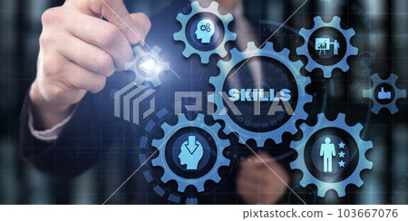 Businessman click on skills on virtuas screen. Mixed Media 103667076