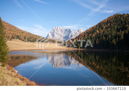 Alpine lake with dolomites in background, Calaita lake 103667110