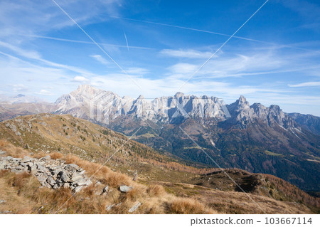 Dolomites range landscape. San Martino di Castrozza mountains view Dolomites range landscape. San Martino di Castrozza mountains view 103667114