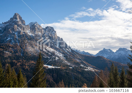 Dolomites range landscape. San Martino di Castrozza mountains view 103667116