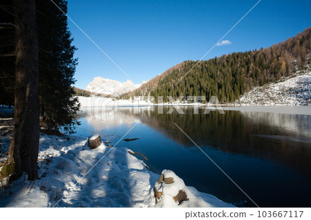 Alpine lake with dolomites in background, Calaita lake 103667117