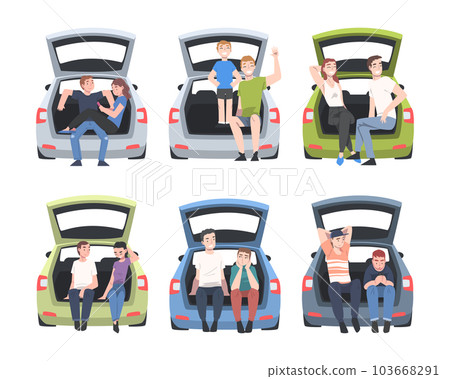 People Characters Sitting in Car Trunk Taking Pictures Vector Illustration Set 103668291