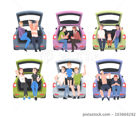 People Characters Sitting in Car Trunk Taking Pictures Vector Illustration Set 103668292