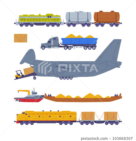 Cargo Transport with Truck, Plane and Railroad as Freight Delivery Logistics Service Vector Illustration Set 103668307
