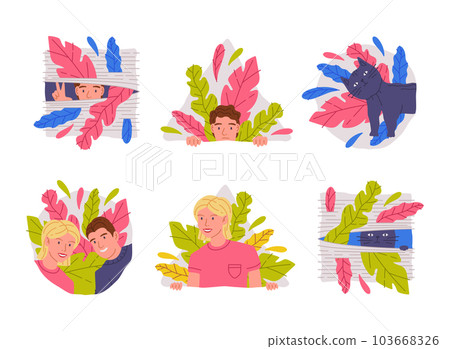 People and Animals Peeking Out of Window and Corner with Colorful Foliage Vector Set People and Animals Peeking Out of Window and Corner with Colorful Foliage Vector Set 103668326