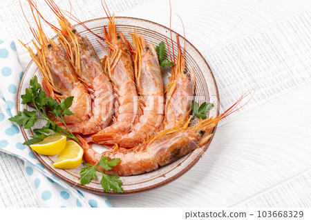 Fresh seafood. Plate with langoustines Fresh seafood. Plate with langoustines 103668329
