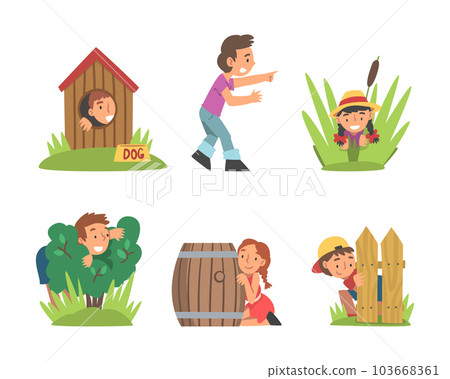 Kids Playing Hide and Seek Concealing Behind Fence and Bush Vector Set Kids Playing Hide and Seek Concealing Behind Fence and Bush Vector Set 103668361