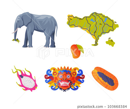 Bali Traditional Cultural Attribute with Elephant, Fruit, Mask and Map Vector Illustration Set 103668384