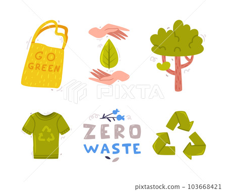 Care About Planet with Tree, Recycle Sign and Shopping Bag as Ecology and Environment Protection Vector Sticker Set 103668421
