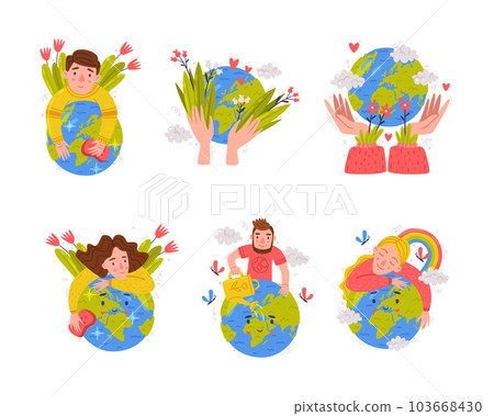 Care About Planet with Green Globe as Ecology and Environment Protection Vector Sticker Set Care About Planet with Green Globe as Ecology and Environment Protection Vector Sticker Set 103668430