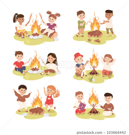 Little Children Sitting Near Campfire Playing Guitar and Frying Sausage Vector Set 103668442