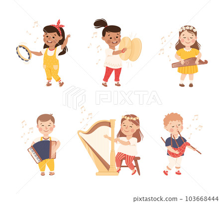 Funny Boy and Girl Playing Musical Instrument Performing on Stage Vector Illustration Set 103668444