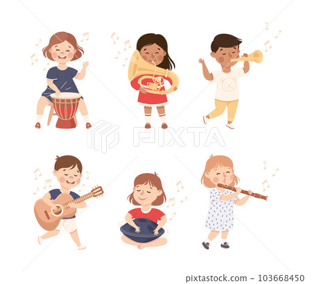 Funny Boy and Girl Playing Musical Instrument Performing on Stage Vector Illustration Set 103668450