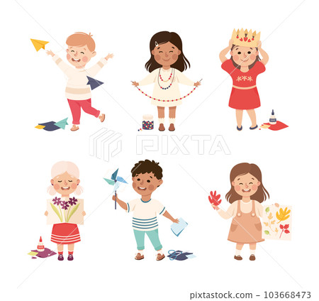 Cute Little Kids Making Crafts Enjoy Creative Hobby Vector Set 103668473