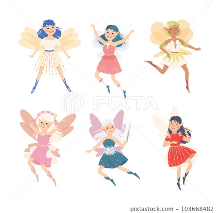 Cute Girl Fairy Flying with Wings and Magic Wand Vector Illustration Set 103668482