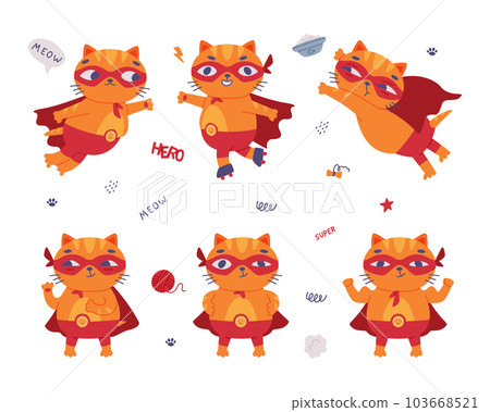 Superhero Cat Wearing Red Mask and Cape Having Super Power Vector Illustration Set 103668521