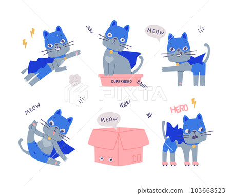 Superhero Grey Cat Wearing Blue Mask and Cape Having Super Power Vector Illustration Set Superhero Grey Cat Wearing Blue Mask and Cape Having Super Power Vector Illustration Set 103668523