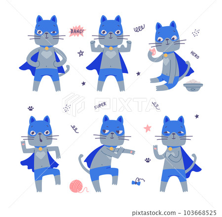 Superhero Grey Cat Wearing Blue Mask and Cape Having Super Power Vector Illustration Set Superhero Grey Cat Wearing Blue Mask and Cape Having Super Power Vector Illustration Set 103668525