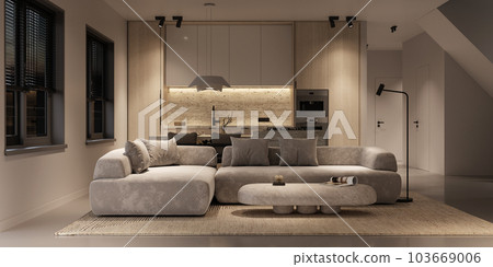 Beige living room interior with concrete floor, ceiling lamp and kitchen island. Panoramic window and night lighting, front view. 3d rendering. High quality 3d illustration Beige living room interior with concrete floor, ceiling lamp and kitchen island. Panoramic window and night lighting, front view. 3d rendering. High quality 3d illustration 103669006