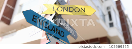 Road sign with pointers of different cities and countries 103669325