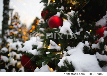 beautiful multi-colored toys on a Christmas tree against the background of lights and snow beautiful multi-colored toys on a Christmas tree against the background of lights and snow 103669863