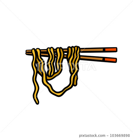 Ramen noodles and wooden sticks. Chopsticks with long pasta. Asian Japanese and Chinese food. Cartoon illustration Ramen noodles and wooden sticks. Chopsticks with long pasta. Asian Japanese and Chinese food. Cartoon illustration 103669898
