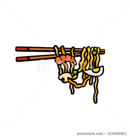 Ramen noodles and wooden sticks. Chopsticks with long pasta. Asian Japanese and Chinese food. Shrimp, egg and shiitake mushroom topping Ramen noodles and wooden sticks. Chopsticks with long pasta. Asian Japanese and Chinese food. Shrimp, egg and shiitake mushroom topping 103669901