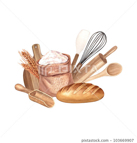 Watercolor composition wheat flour, bread and kitchen tool. Hand-drawn illustration, isolated on white background. Concept for a bakery or cafe, design: restaurant menu element, recipe cooking book Watercolor composition wheat flour, bread and kitchen tool. Hand-drawn illustration, isolated on white background. Concept for a bakery or cafe, design: restaurant menu element, recipe cooking book 103669907