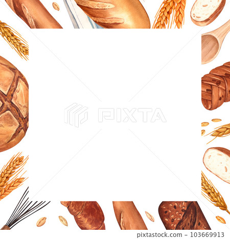 Watercolor bakery frame background. Hand-drawn illustration, isolated on white background. Concept for a bakery or cafe, design: restaurant menu element, recipe cooking book, bread and pastry 103669913