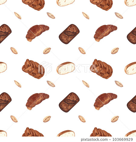 Watercolor seamless croissant and bun pattern. Hand-drawn illustration isolated on white background. Perfect concept for bakery confectionery, menu of bakeries, cafes, textiles. Watercolor seamless croissant and bun pattern. Hand-drawn illustration isolated on white background. Perfect concept for bakery confectionery, menu of bakeries, cafes, textiles. 103669929