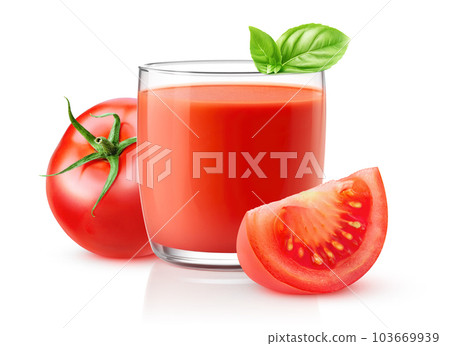 Tomato juice in glass and cut tomatoes isolated on white background Tomato juice in glass and cut tomatoes isolated on white background 103669939