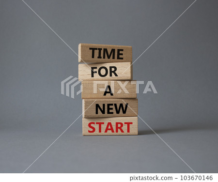 Time for a new start symbol. Wooden blocks with words Time for a new start. Beautiful grey background. Business and Time for a new start concept. Copy space. 103670146