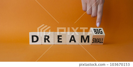 Dream Big vs Small symbol. Businessman Hand points at wooden cubes with words Dream Small and Dream Big. Beautiful orange background. Business and Dream concept. Copy space 103670153