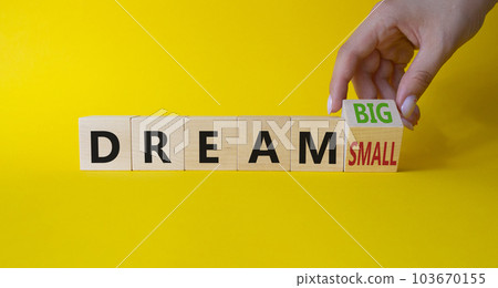 Dream Big vs Small symbol. Businessman Hand turns cubes and changes words Dream Small to Dream Big. Beautiful yellow background. Business and Dream concept. Copy space 103670155